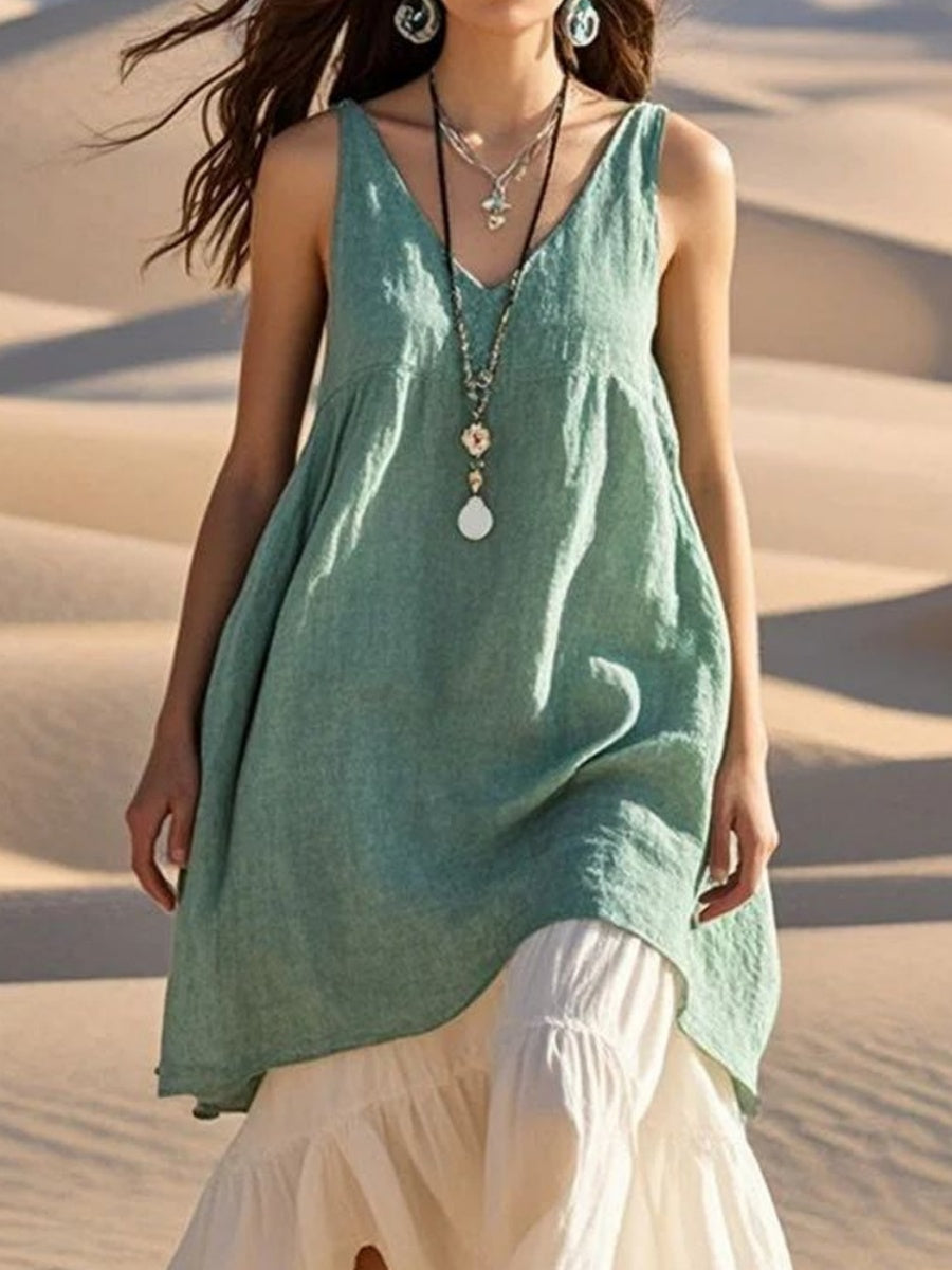 Casual Loose Sleeveless Cotton Linen Solid Color V-neck Long Dress