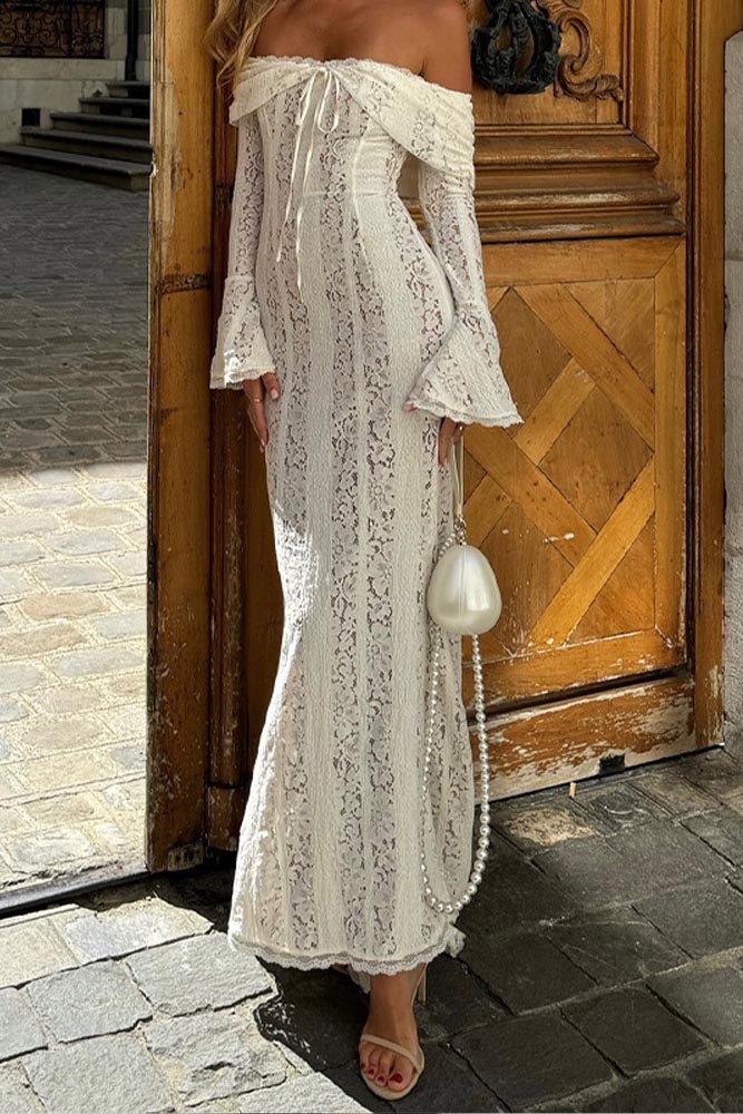 Off-the-Shoulder Lace Bell Sleeve Tie Front Bodycon Mermaid Maxi Dress