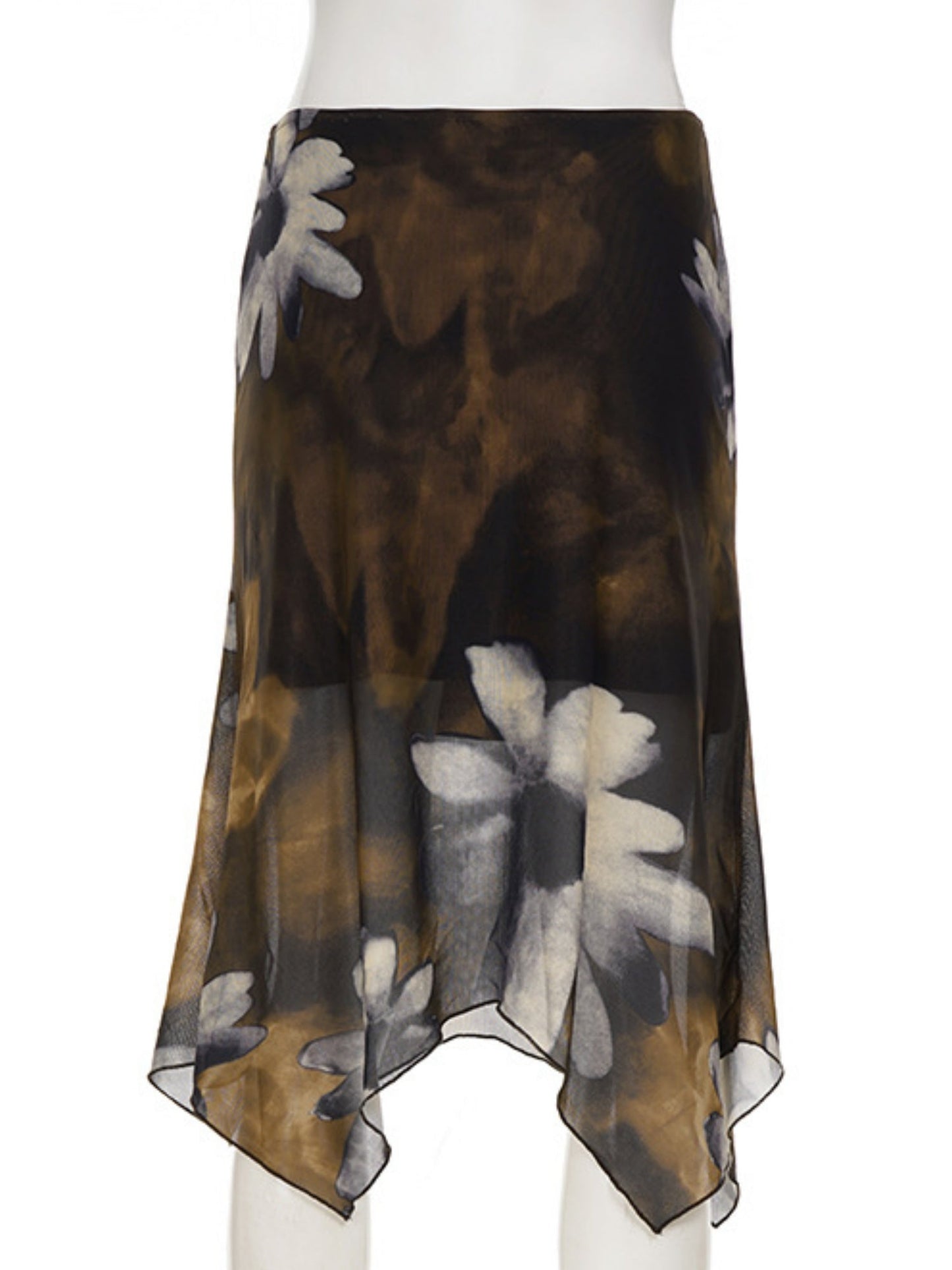 Floral Print Mesh Splicing Irregular Hem Short Skirt