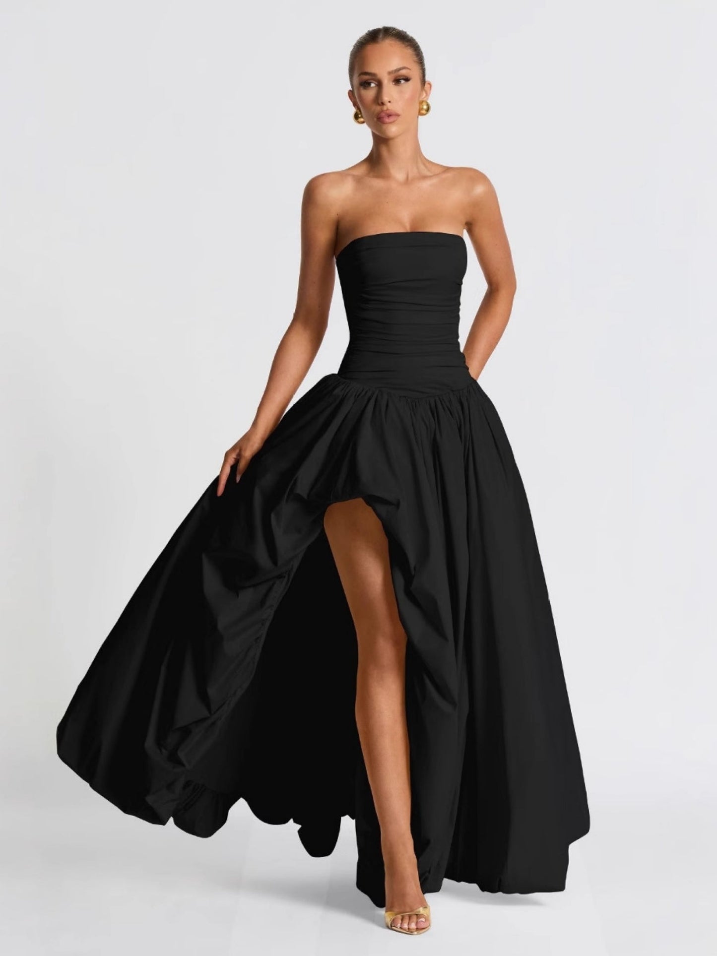 Pleated Slit Strapless Straps Maxi Dresses