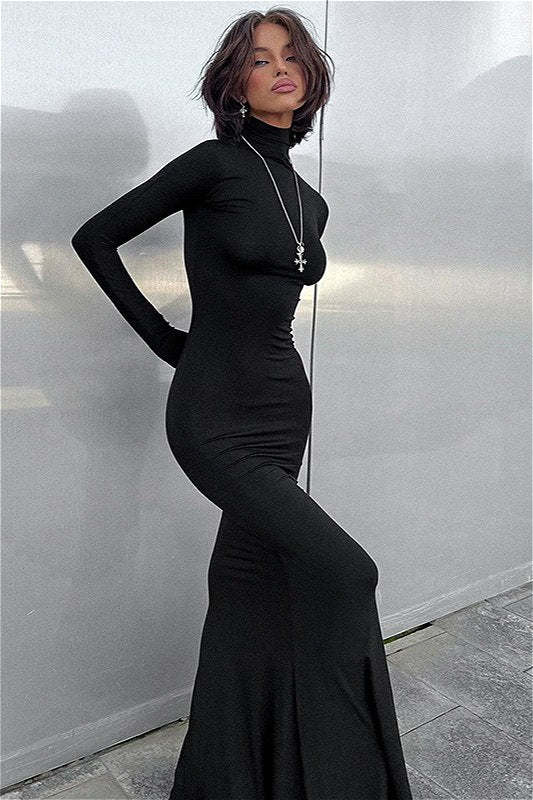 | Solid Color High Neck Long Sleeve Maxi Dress