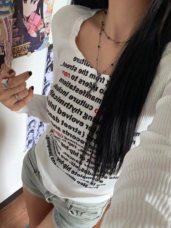 Letter Print U Neck Long Sleeve Knit