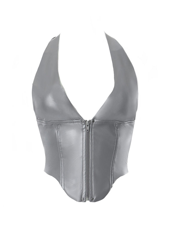 Zip Backless V Neck Halter Vest