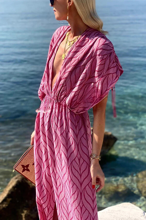 Abstract Flame Print Kimono Sleeve Drawstring Waist Front Slit Maxi Dress