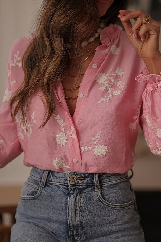 Printed Collared Lantern Sleeve Elegant Long Sleeve Blouse