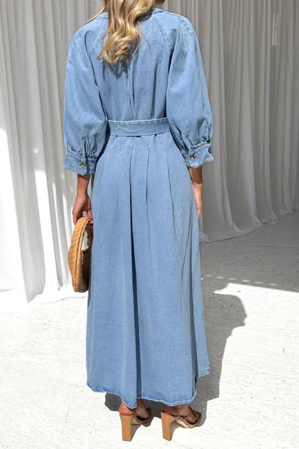 Belted Puff Sleeve Button-Front Denim Maxi Dress