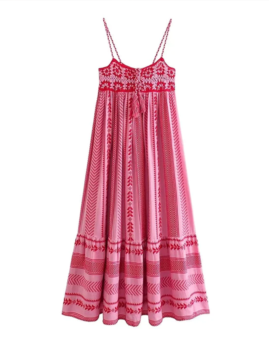 Geometric Embroidery Spaghetti Strap Lace-Up Back Maxi Dress