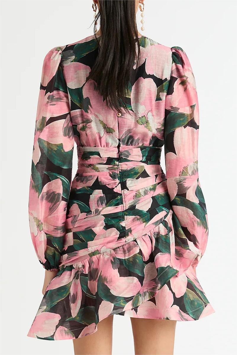 Floral Long Sleeve V-Neck Pleated Mini Dress Pink