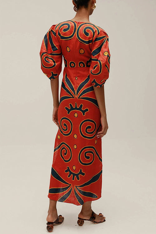 Margovil Knot Front Cut Out Puff Sleeves Side Slit Printed Midi Dress