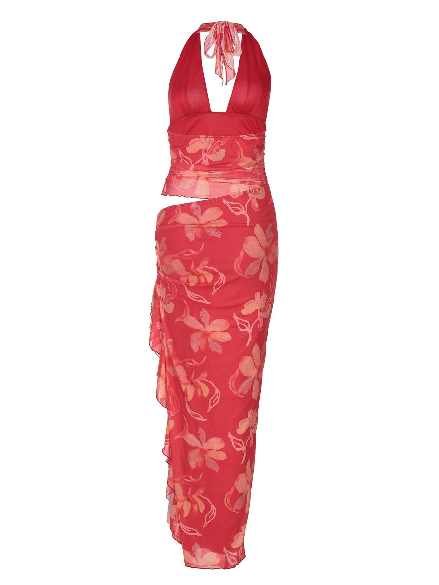 Deep V-neck Strapless Dress With Cropped Waist And Halter Neck
