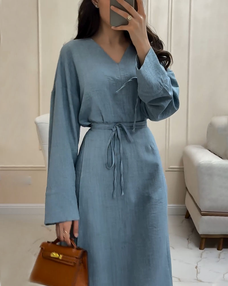 Linen-Look V-Neck Tie Waist Long Sleeve Relaxed Maxi Dress