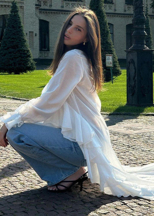 Cascade Drama - Long Ruffle High-Low Blouse