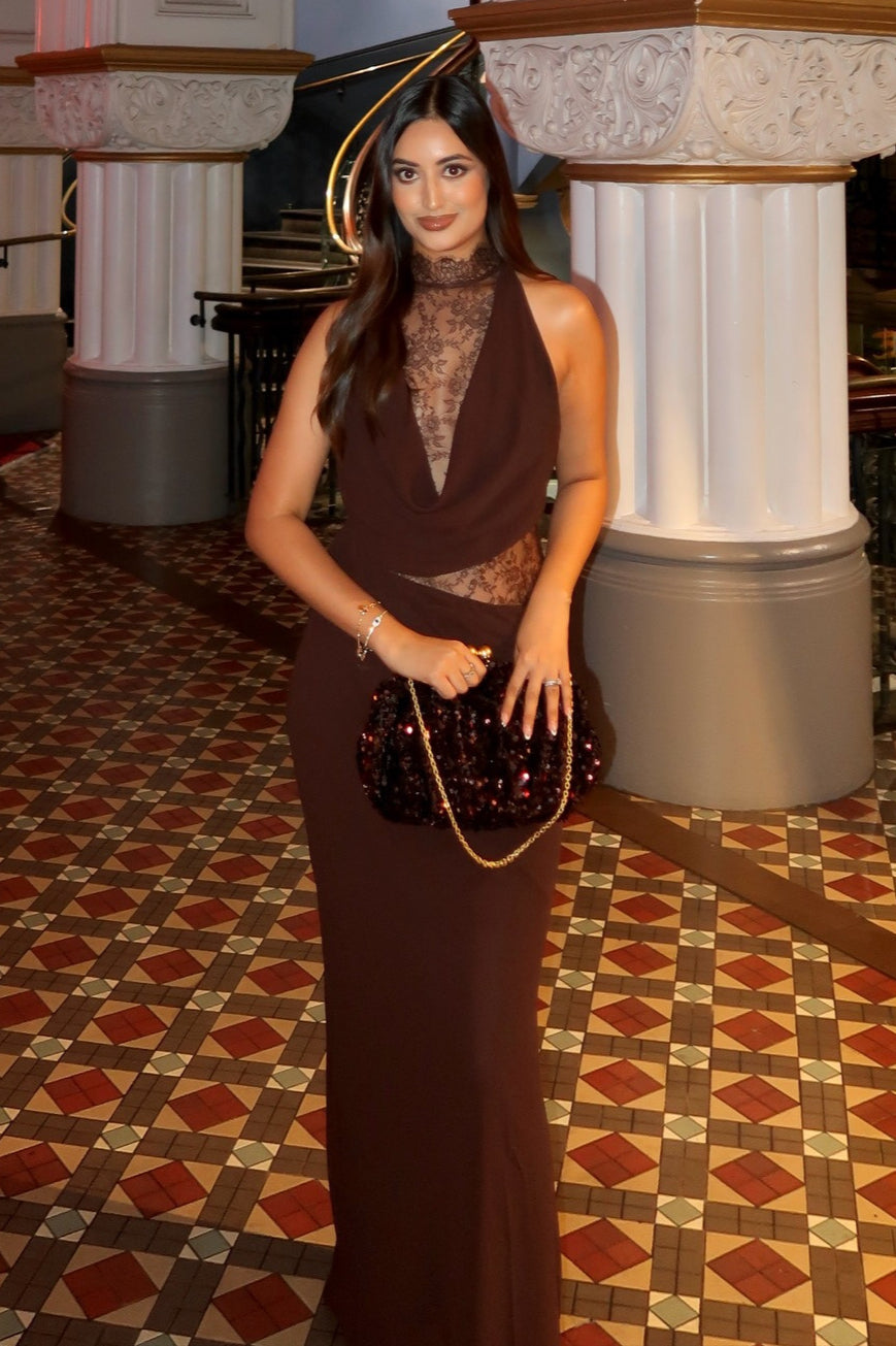 Halter Lace Collar Cowl Neck Diagonal Lace Panel Waist Maxi Gown