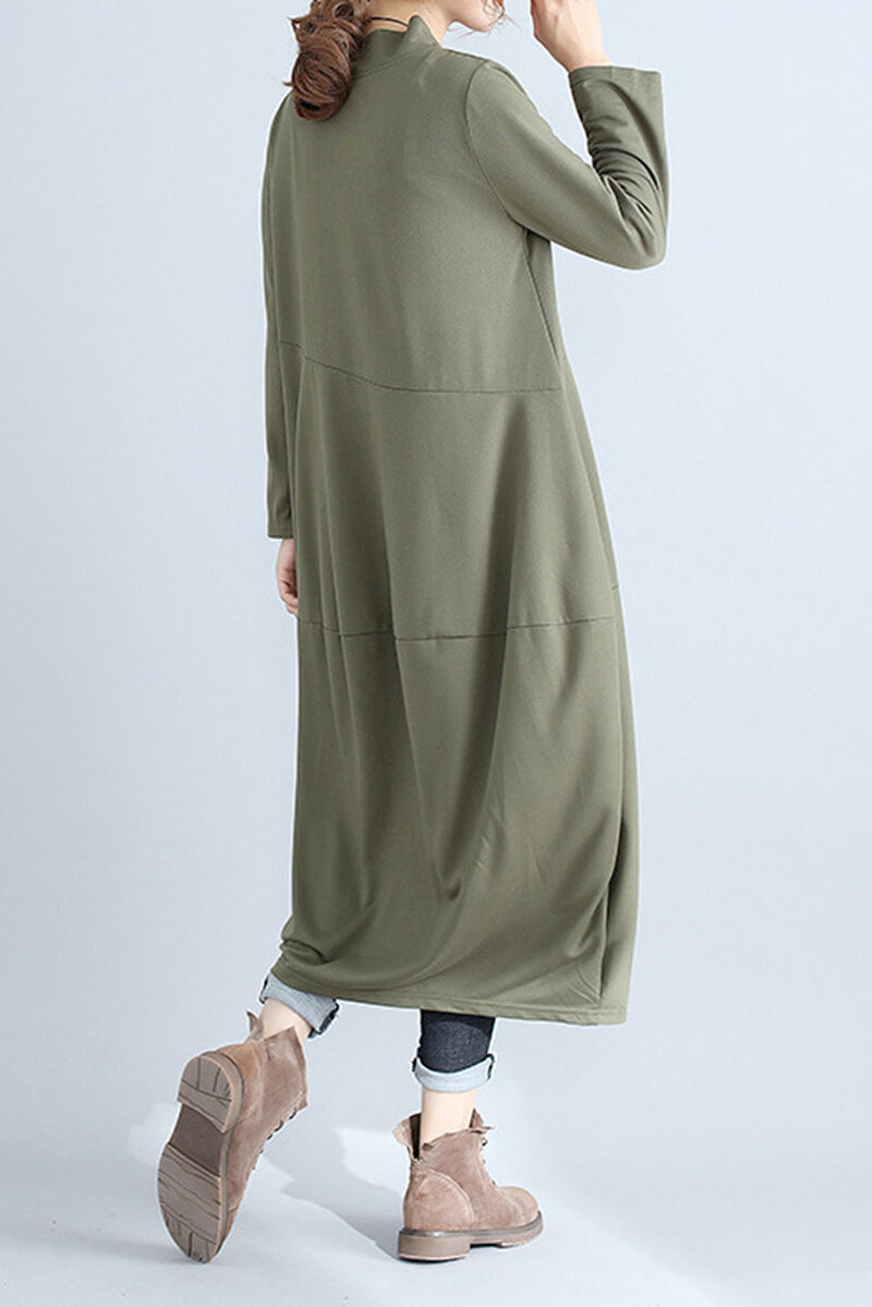 Mock Neck Asymmetric Seam Cocoon Oversized Long Sleeve Midi Dress