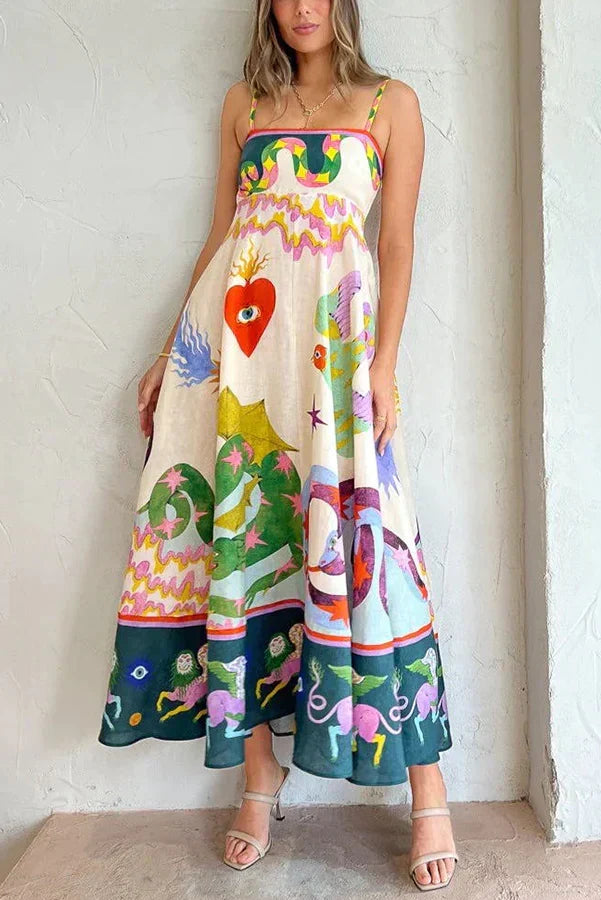 Mystical Graphic Print Square Neck Spaghetti Strap Tiered Maxi Dress