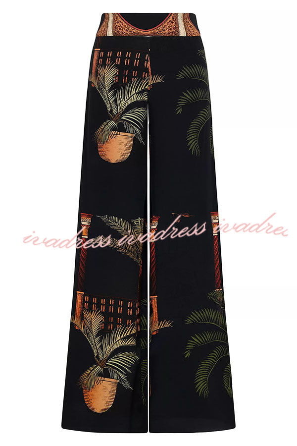 Jungle Elf Unique Print Halter Slit Midi Tank and Elastic Waist Wide Pants Set