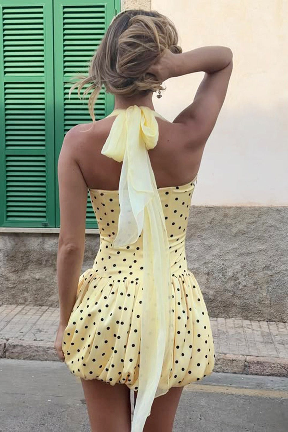 Polka Dot Sweetheart Spaghetti Strap Bubble Hem Corset Mini Dress