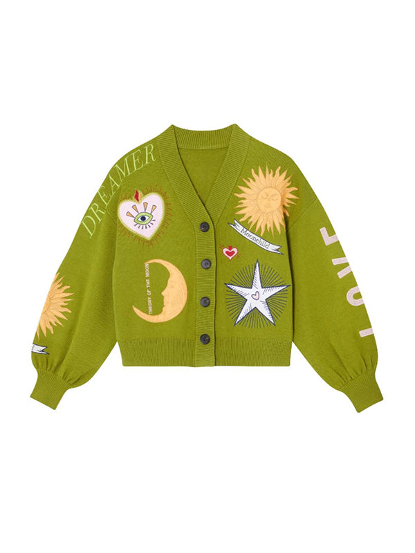 Green Pattern Knit Cardigan Sweater