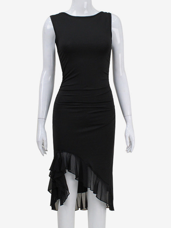 Black Party Dress Tulle Ruffles Boatneck Asymmetrical Semi Formal Midi Dresses