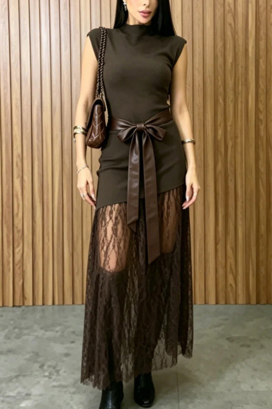 Stylish Sleeveless Spliced lace Hem Elegant Slim-fit Maxi Dress