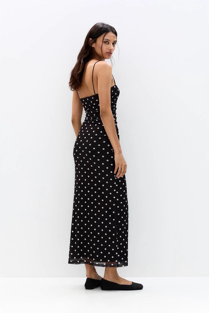 Polka Dot Mesh Sheer Spaghetti Strap Square Neck Ruched Maxi Dress