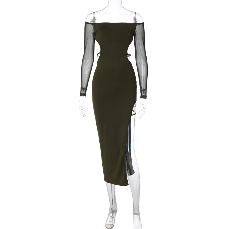 Sexy Sexy off Shoulder Backless Dress Fall Women Clothing Long Sleeve Split Midi Dress