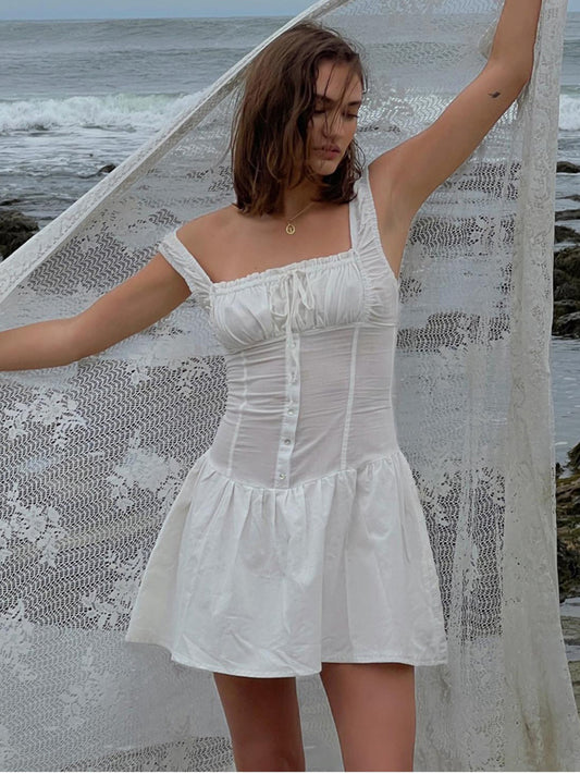 Summer Dress Mini Dresses White Straps Neck Sash Cotton Beach Short Dress