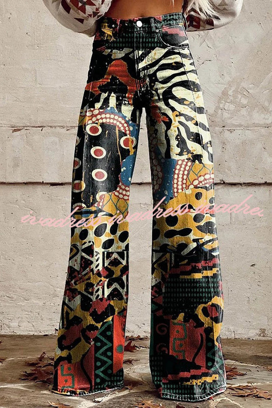 Beautiful Unique Print Button Pocket Wide Leg Pants