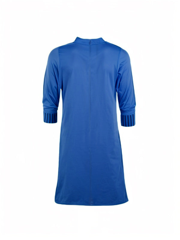 Loose Three-quarter Sleeves Buttoned Pleated Solid Color Split-Joint Tasseled Mock Neck Mini Dresses