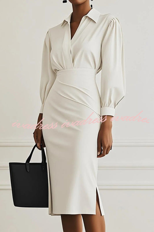 Fashion Lapel Long Sleeve Slim Waist Midi Dress