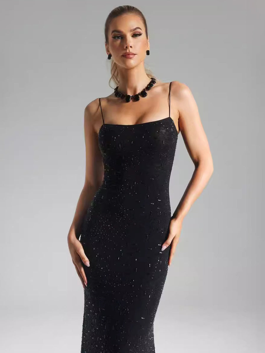 Sequins Party Dress Spaghetti Strap Backless Sexy Bodycon Midi Dresses