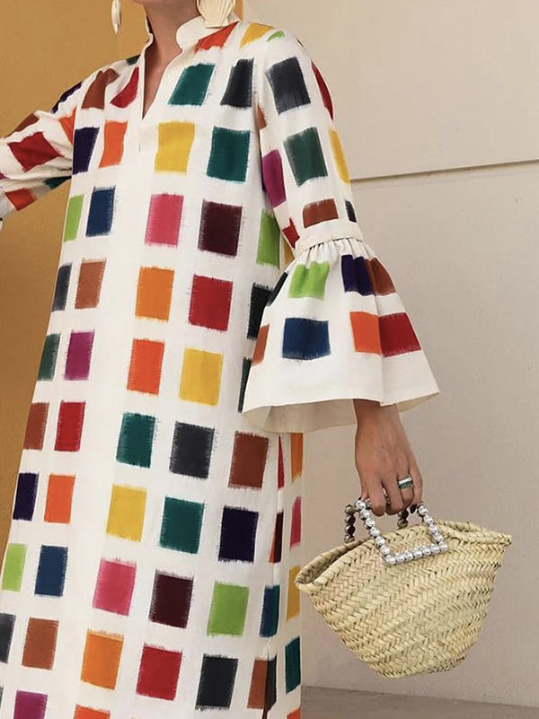Original Flared Sleeves Split-Joint Multi-Colored Plaid Midi Dress