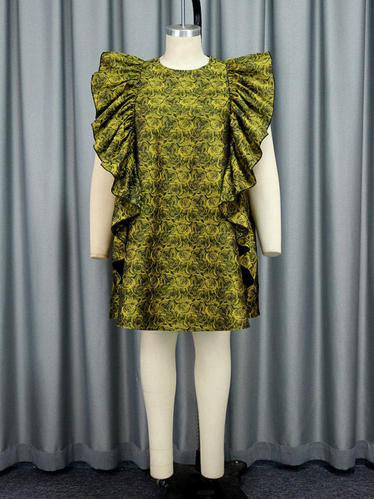 High Waisted Loose Flower Print Ruffled Zipper Round-Neck Mini Dresses