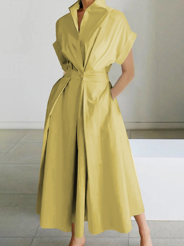A-Line High Waisted Buttoned Pleated Pockets Solid Color Stand Collar Midi Dresses Shirt Dress