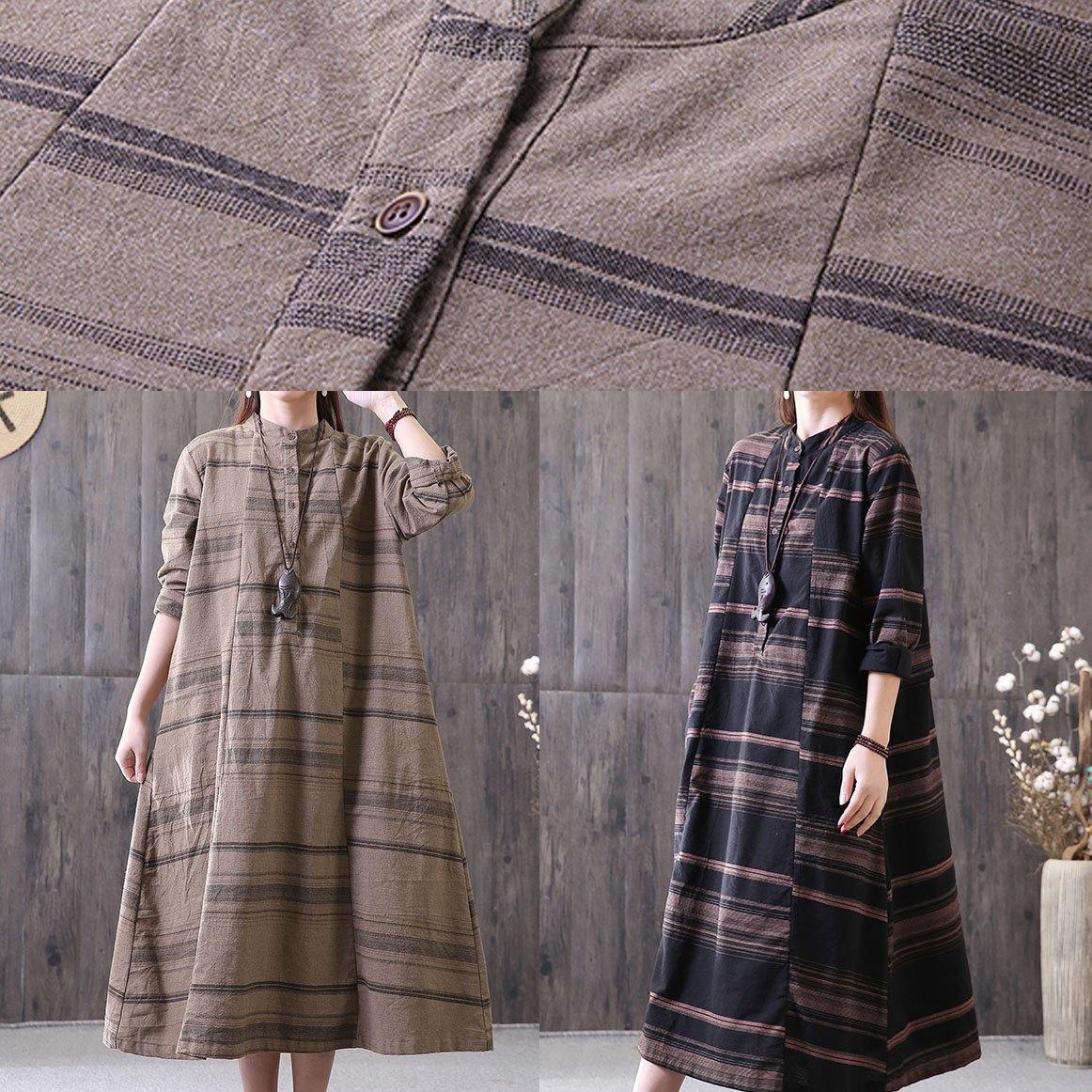 100% chocolate striped clothes stand collar drawstring Maxi Dress