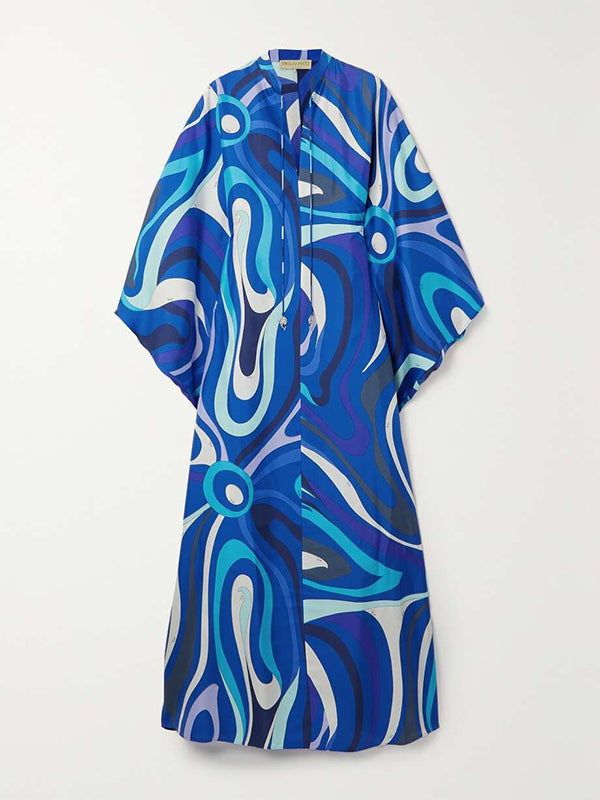 Batwing Sleeves Loose Printed Split-Joint Stand Collar Maxi Dresses