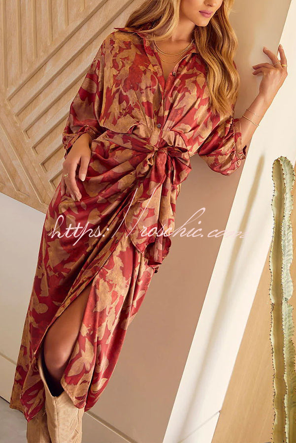 Elegant and Charming Satin Adjustable Waist Tie Button Draped Shirt Midi Dress