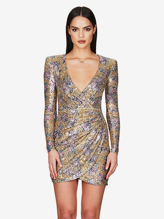 Faux Wrap Dress Printed V-Neck Long Sleeves Sexy Party Sheath Mini Dresses