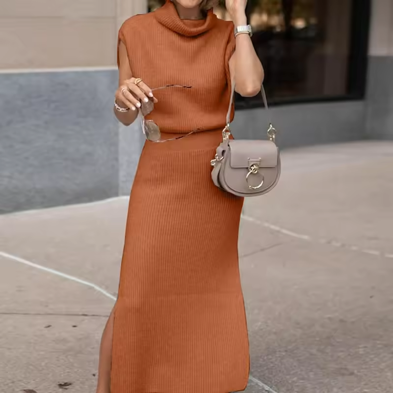 Women's Cowl Neck Midi Sweater Dress – Waisted Side Slit Knit Gown