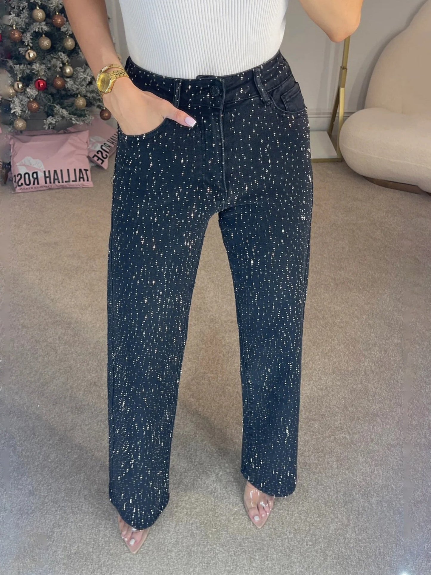 Y2k Rhinestone-studded High-waisted Straight Leg Jeans