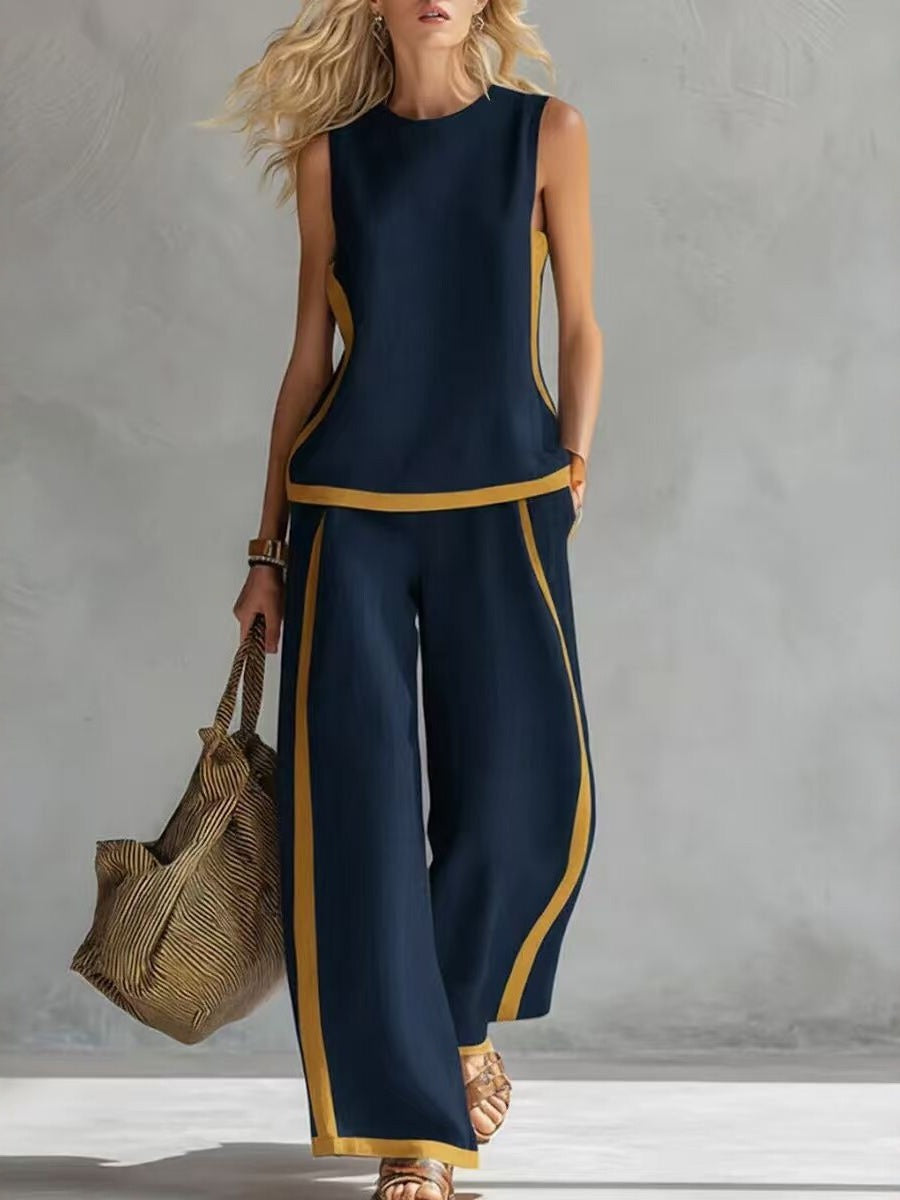 Sleeveless Color-blocked Wide-leg Pants Two-piece Set