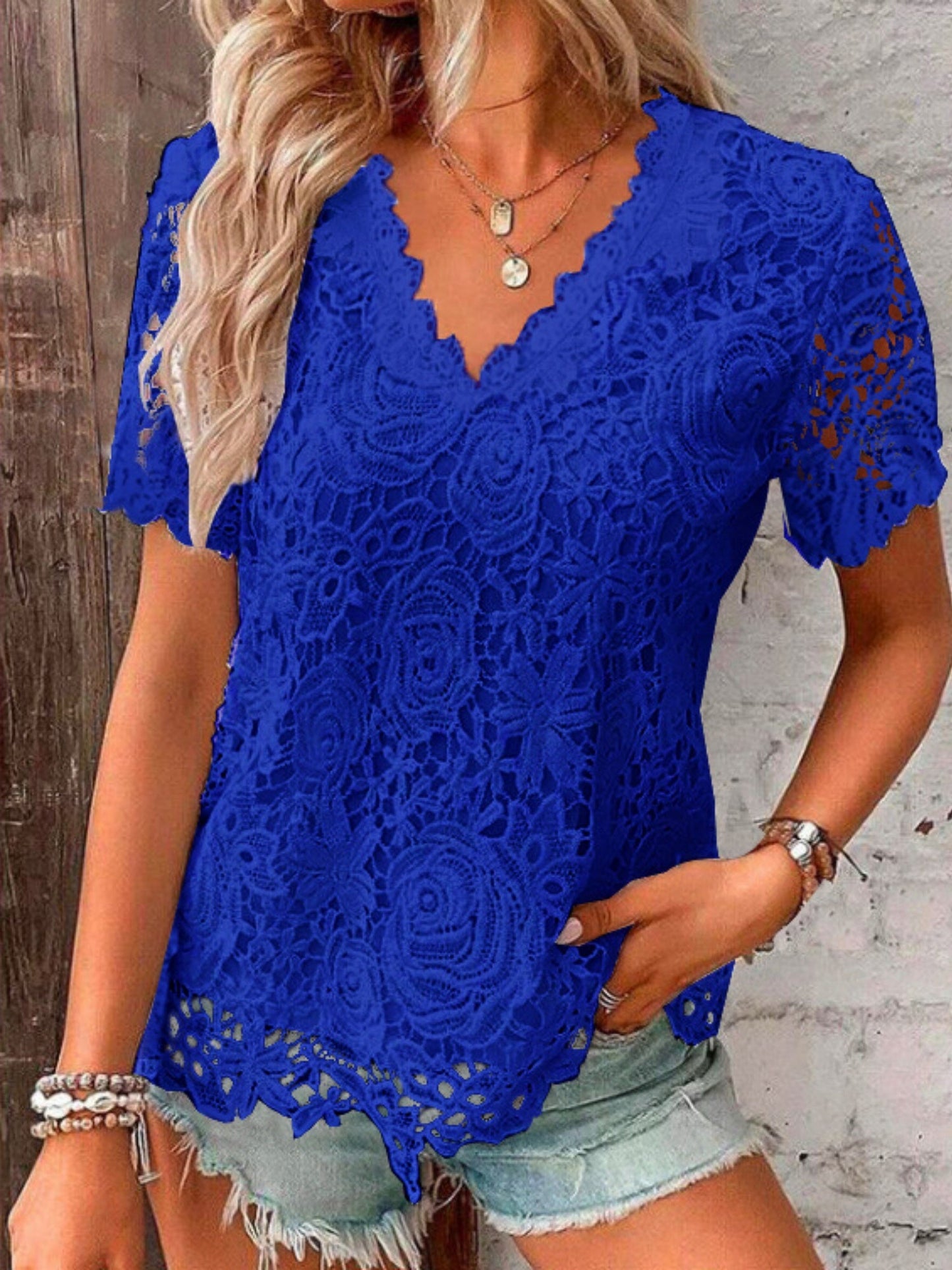 Lace Trim V-neck Short-sleeved T-shirt
