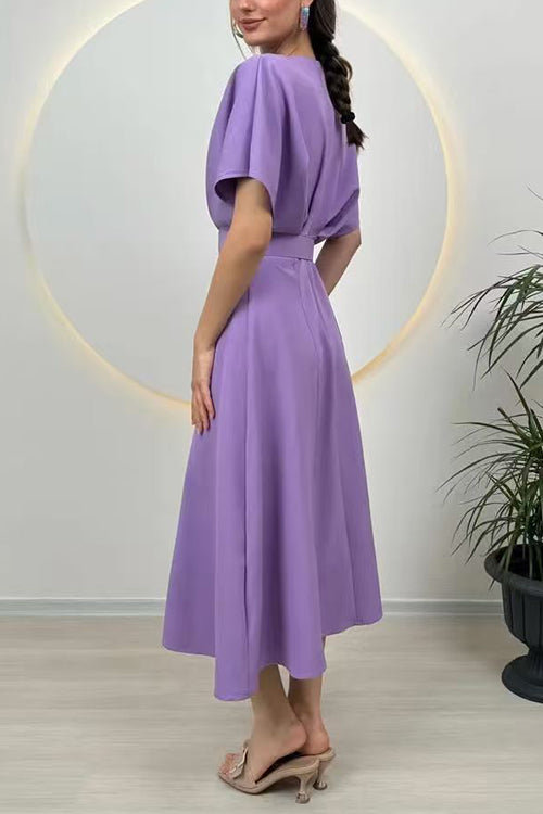 Margovil Crewneck Short Sleeves Belted Slit Midi Dress