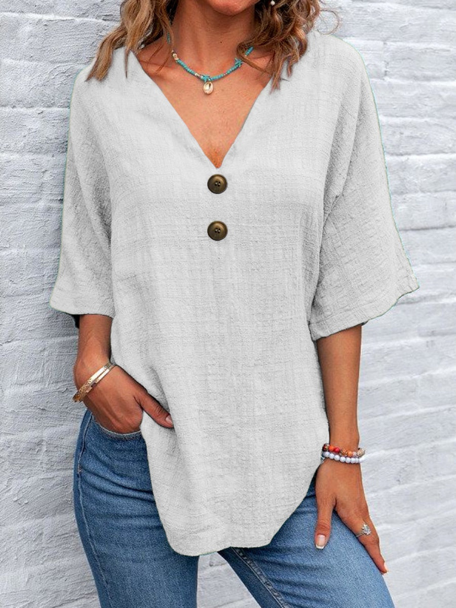 Casual V-neck Short-sleeved Pullover With Multi-colored Buttons T-shirts