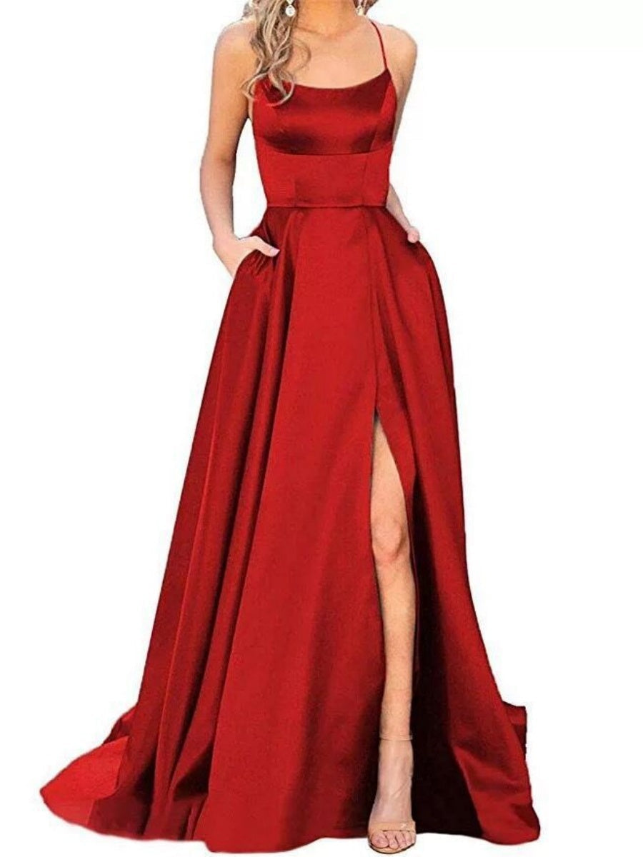 Silk High Fork Solid Color Camisoles Maxi Dresses