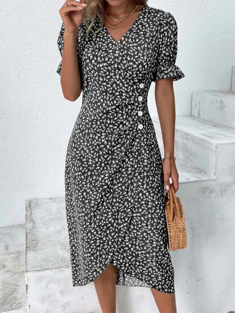 Deep V Neck Puff Sleeve Ditsy Floral Wrap Tulip Hem Midi Dress