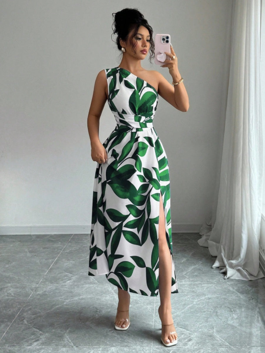 Sloping Shoulders Printed Slit Vacation Leisure Maxi Dresses