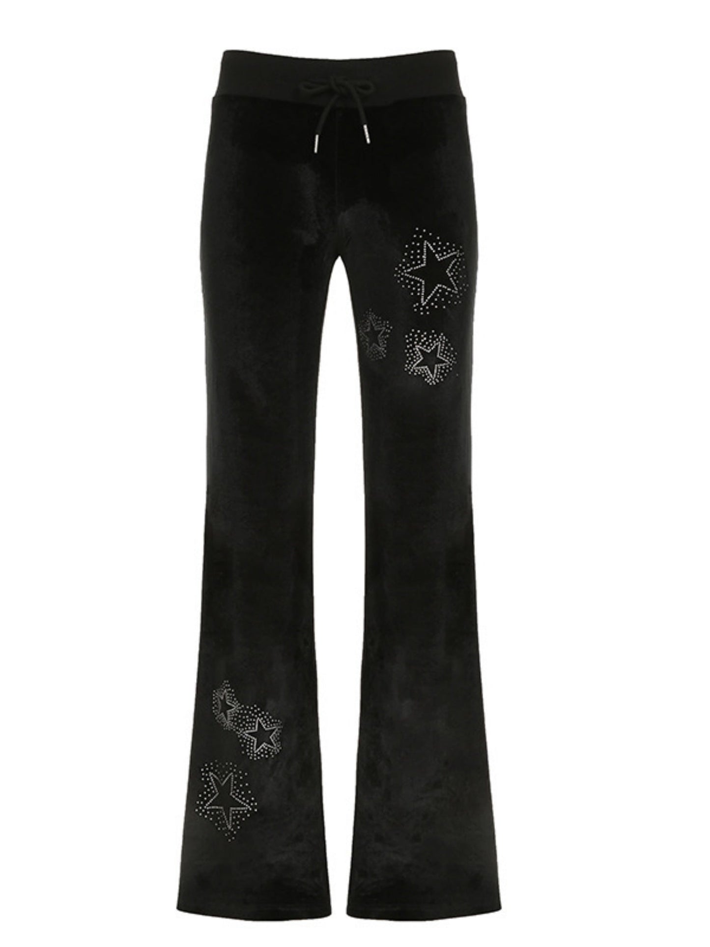 Star Rhinestones Ribbed Waistband Drawstring Low Waist Velvet Flared Pants