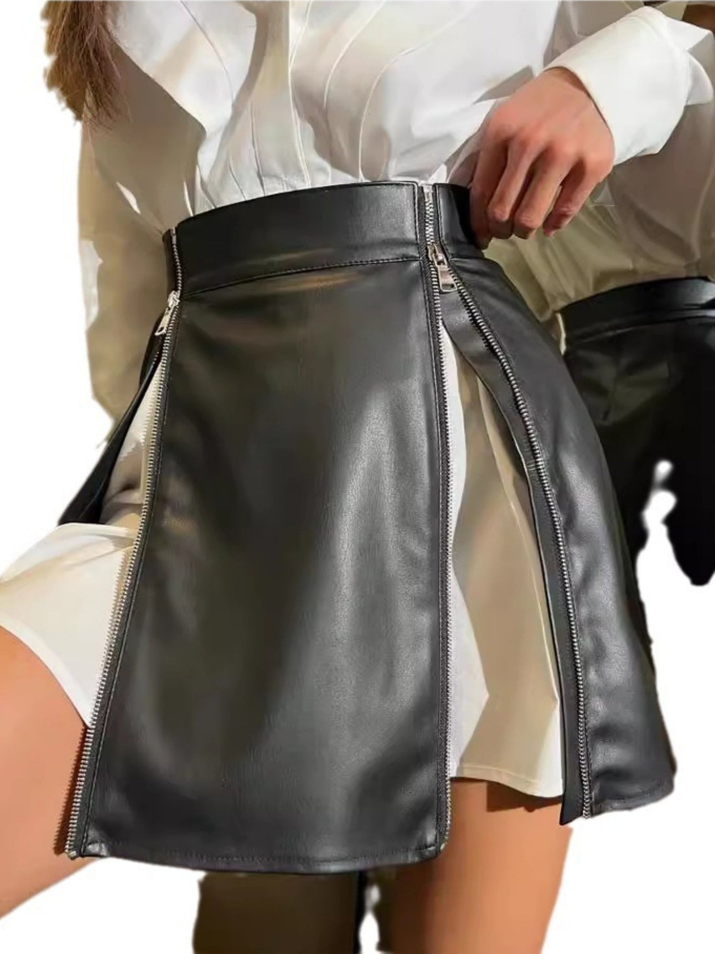 PU Leather Double Zipper High-waisted Hip-hugging Short Skirt Skirts