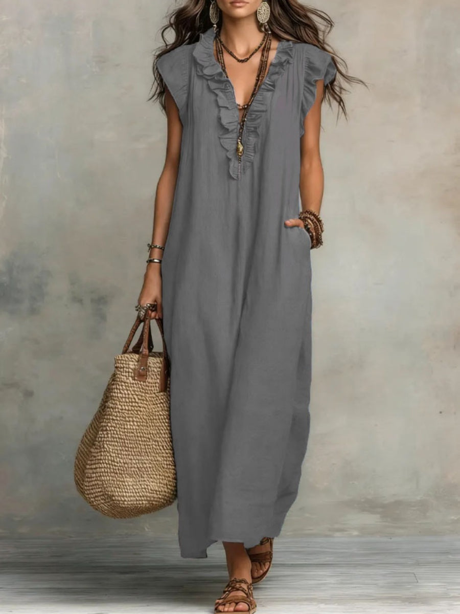 V-neck Pleats Solid Color Long Dress